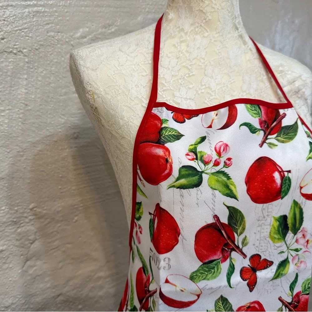 One Size Full Apron with Apples Butterflies and Garden Theme Red and White NWOT